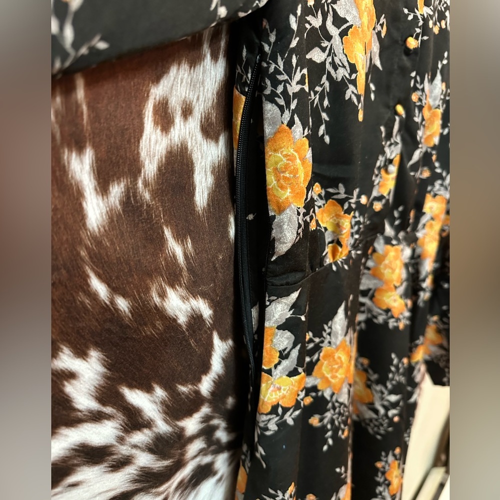 Free People- Parker Dress, black/orange/silver floral long size 4 - Picture 8 of 10